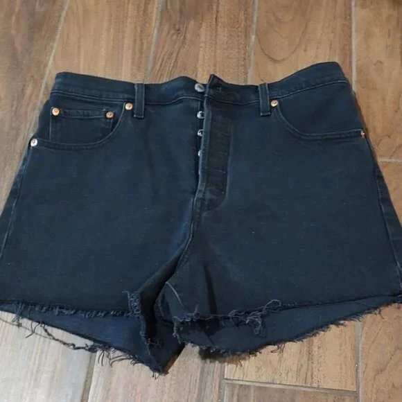 Levi 32 Ribcage shorts high waist cutoff black denim jean - Picture 2 of 9